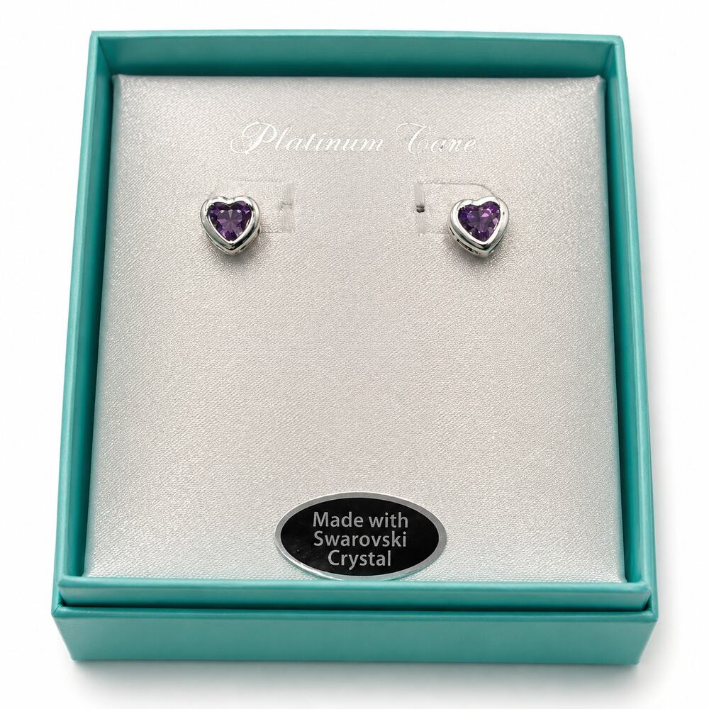 Heart Stud Earrings Swarovski Crystal Purple Platinum Tone Boxed Gift Jewelry